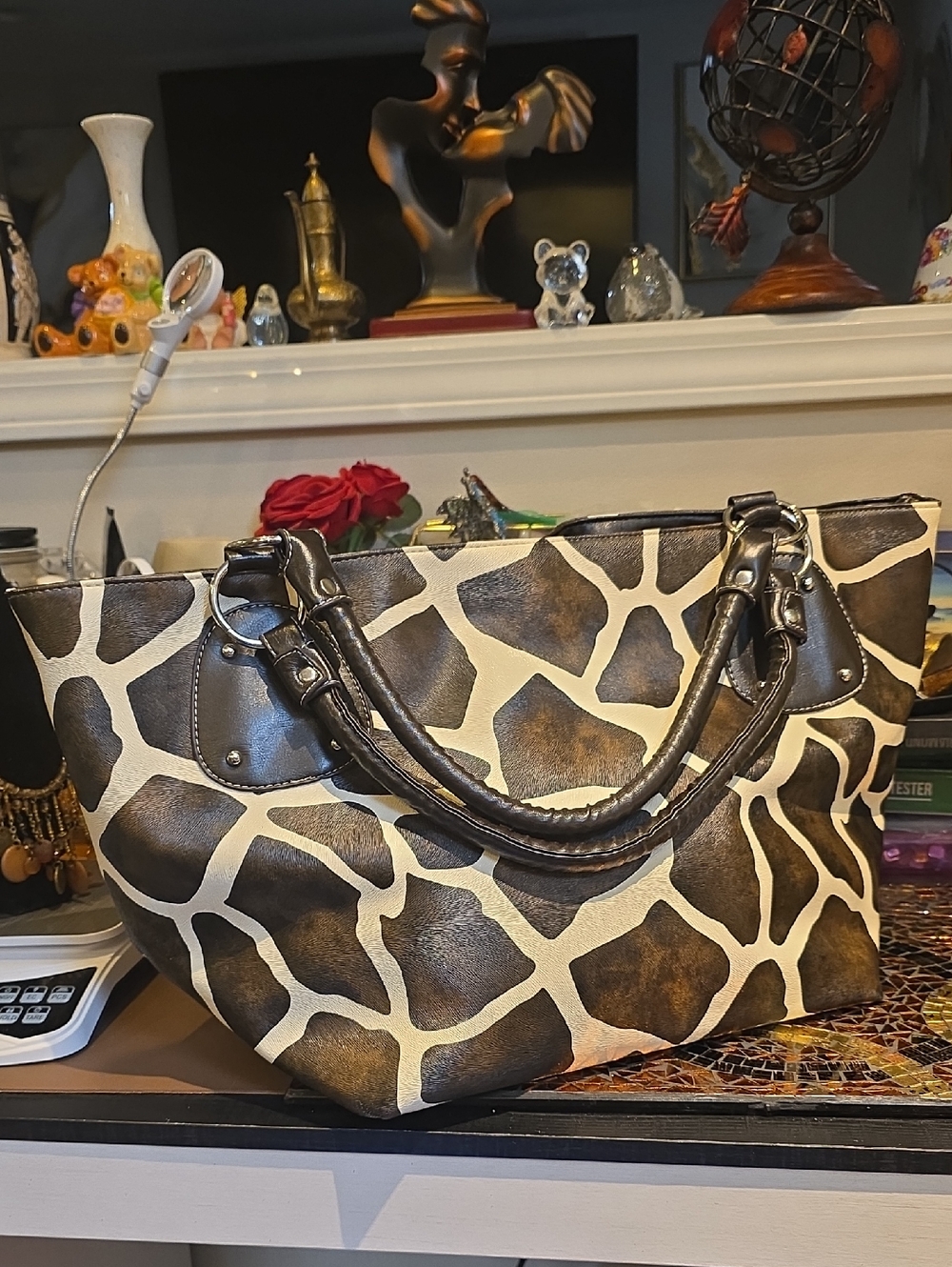 Giraffe-Print Faux Leather Tote in Brown and Cream